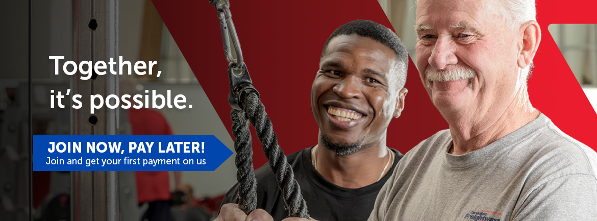 Promotional image of two adults holding a rope attachment on a gym cable machine. Overlaid text reads “Together, it’s possible.” A blue button says “Join now, pay later! Join and get your first payment on us.”